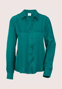 Teal satijnen blouse met lange mouwen, knoopsluiting aan de voorkant, puntige kraag en aansluitende manchetten op een effen achtergrond.