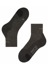 Wollsocken in Dunkelgrau mit kontrastierendem schwarzen Zehen- und Fersenbereich. Mit gerippter Textur und gedrucktem Markennamen sowie Größe an der Seite.