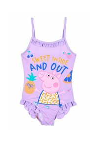 Lila Badeanzug mit Spaghetti-Trägern, Rüschensäumen, versehen mit einem Cartoon-Schwein, Obstmotiven und dem Text "SÜSS DRINNEN UND DRAUSSEN" in lebendigen Farben.