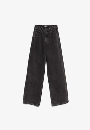 Zwarte wijde spijkerbroek van denim, met een hoge taille, vijf zakken en zichtbare stiksels langs de naden en zomen.