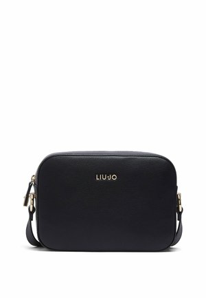 Sac bandoulière rectangulaire noir avec détails de fermeture éclair dorée et bandoulière ajustable, avec logo LIU JO embossé au centre devant.