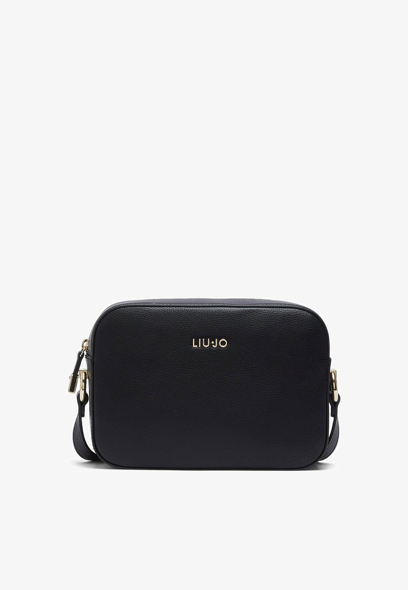 Sac bandoulière rectangulaire noir avec détails de fermeture éclair dorée et bandoulière ajustable, avec logo LIU JO embossé au centre devant.