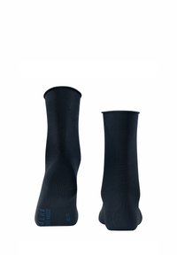 Marineblaue knöchellange Socken aus weichem, elastischem Stoff mit glatter Textur. Verfügt über eine minimalistische Markenkennzeichnung in Hellblau an der Sohle.