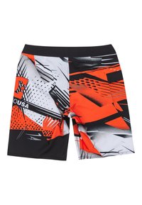 Black, orange, and white swim shorts featuring a geometric pattern with sharp angles and textures; includes a side pocket.