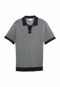 Polo-shirt bleu marine et blanc à manches courtes avec un motif texturé, col et poignets côtelés, avec deux boutons au niveau de la patte de boutonnage.