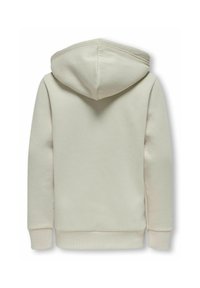 Beiger Kapuzenpullover mit langen Ärmeln, gerippten Bündchen und Bund, von hinten auf weißem Hintergrund gezeigt.