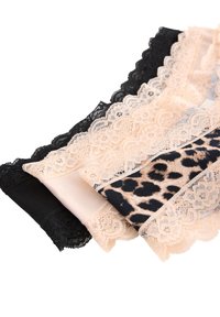 Lace trim underwear in black, nude, and leopard print, featuring soft fabrics and intricate lace details along the edges.