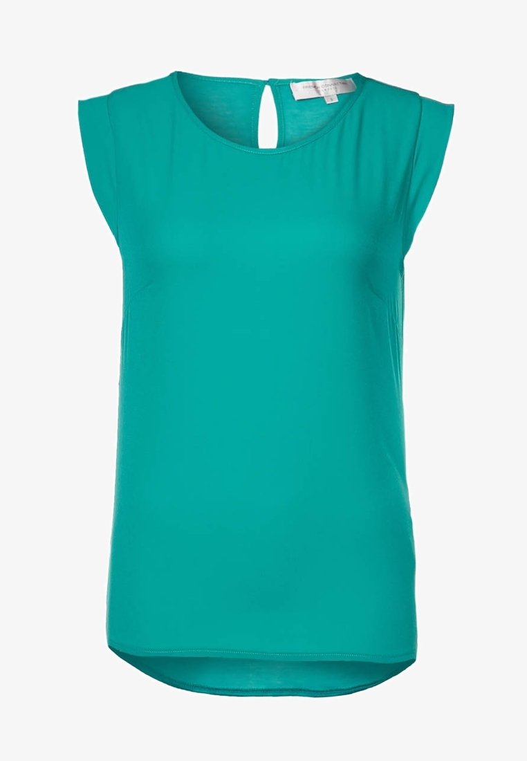 Blouse turquoise sans manches avec un col rond et un détail bouton en forme de trou à l’arrière.