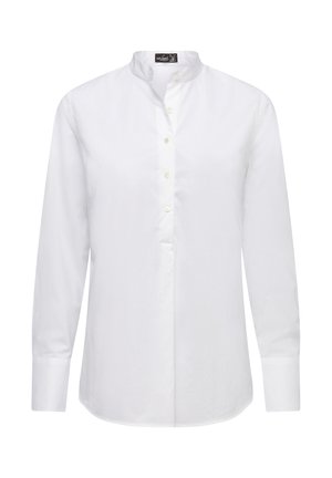 Weißes Langarmhemd mit Stehkragen, verschluss mit Knopfleiste vorne und glattem Baumwollstoff. Klassisches Design mit einer strukturierten Passform.