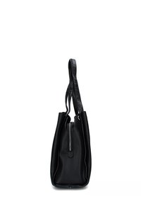 Borsa tote in pelle nera con superficie testurizzata, due manici lunghi e una chiusura centrale con zip argentata sul davanti.