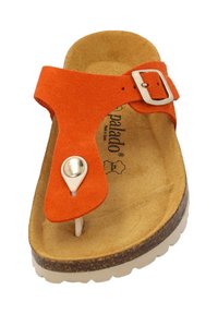 Orange suede flip-flop sandal with a toe post and silver hardware, featuring a cork footbed and white rubber outsole. Textured fabric surface.