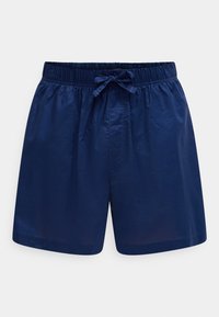 Σορτς με ελαστική μέση σε ναυτικό μπλε χρώμα, με κορδόνι στο μπροστινό μέρος και απλό σχέδιο, παρουσιάζονται σε ένα απλό λευκό φόντο.