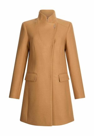 Cappotto in lana color cammello con colletto alto, chiusura a bottoni, tasche laterali e una forma sartoriale con maniche lunghe.