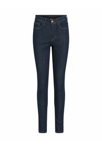 Donkerblauwe skinny jeans van denim, met een klassiek vijf-pocket ontwerp, een sluiting met een knoop aan de voorkant en contrasterende gouden stiksels.
