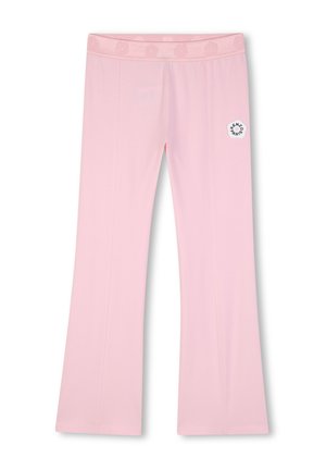 Pantalon évasé rose clair avec une large ceinture ornée de cercles en relief et un logo rond blanc "Kenzo Paris" sur la cuisse droite.