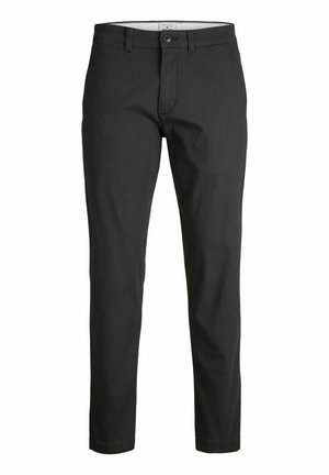 Svarta bomullbyxor med slim fit, raka ben och gylf med en knappstängning. Ren design utan synliga mönster.