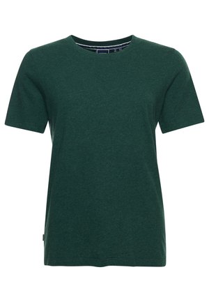 Ciemnozielona koszulka z krótkim rękawem i okrągłym dekoltem, o jednolitym wzorze i prostym kroju, prezentowana na białym tle.