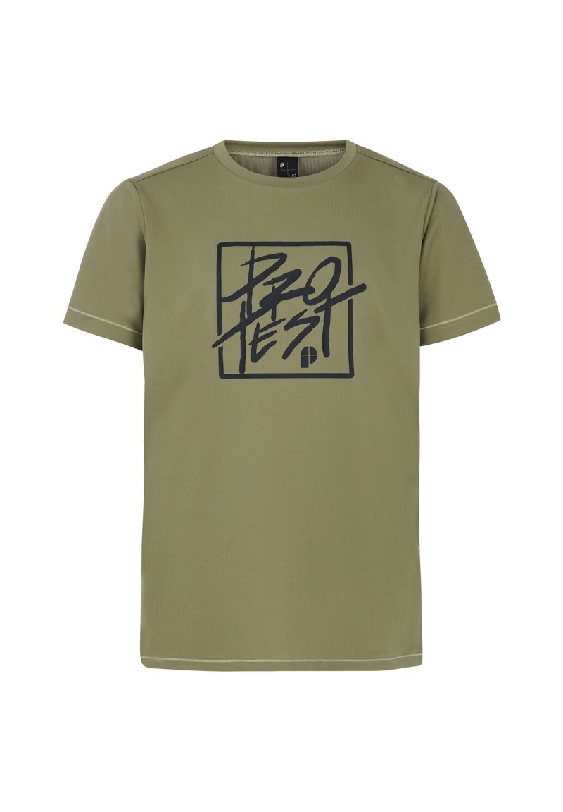 Camiseta de manga corta verde oliva hecha de tela suave, con un logotipo gráfico negro "PRO TEST" dentro de un diseño cuadrado en la parte frontal.