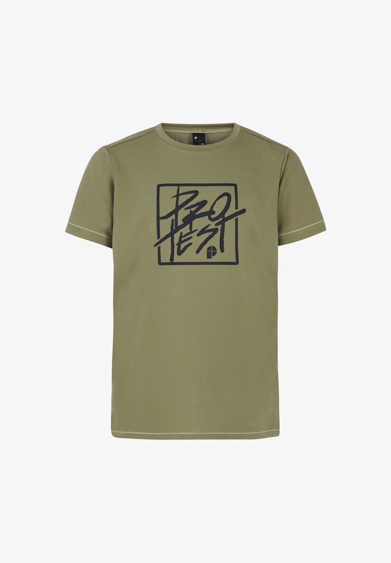 Olivgrön t-shirt med kort ärm, tillverkad av mjukt tyg, med en svart grafisk logotyp "PRO TEST" i ett fyrkantigt mönster på framsidan.