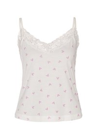 Weißes Cami-Top mit dünnen Trägern, das einen Spitzenbesatz am Ausschnitt und verstreute kleine rosa Herzmuster im gesamten Stoff aufweist.