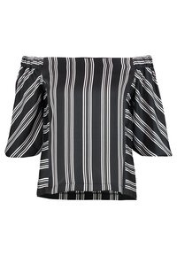 Černobílá off-the-shoulder blůza s balónovými rukávy, zdobená vertikálními pruhy a hladkou, lesklou texturou.