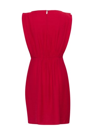 Red dress with a gathered waist, short sleeves, and a back zipper. The fabric appears lightweight and smooth with a solid color.