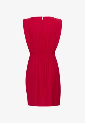 Rode jurk met een gerimpelde taille, korte mouwen en een rits aan de achterkant. De stof lijkt lichtgewicht en glad met een effen kleur.