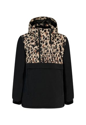 Veste noire avec capuche, présentant un haut à motif dans des teintes de beige et de marron. Comprend une poche frontale et des poches latérales.