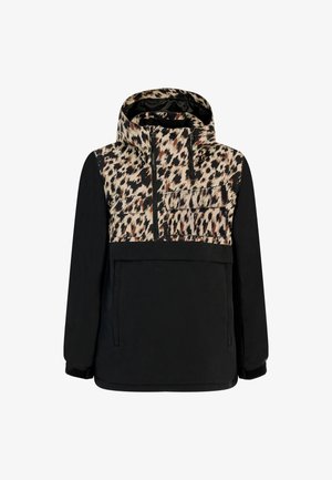 Black jacket with hood, featuring a patterned upper in shades of tan and brown. Includes a front pocket and side pockets.