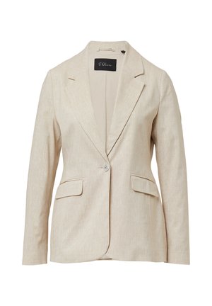 Beige Blazer aus strukturiertem Stoff, mit Reverskragen, Ein-Knopf-Verschluss und zwei Vorderaschen. Futter für zusätzlichen Komfort.