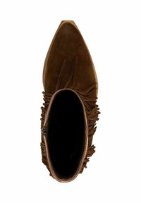 Bruine suède enkelboot met een puntige neus. Bevat franjes aan de zijkanten en een zwarte binnenkant met een metallic ritssluiting.