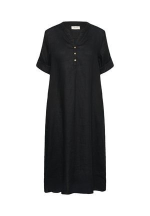 Sort midi-kjole med korte ærmer, rund hals, tre knapper foran og opsmøgede manchetter, designet til en løs pasform.
