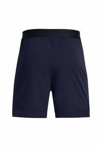 Marineblaue Sportshorts mit einem schwarzen elastischen Bund, der subtile "Under Armour"-Markierung trägt, von hinten präsentiert.