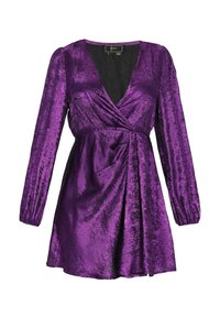 Lila Kleid aus glänzendem Stoff mit tiefem V-Ausschnitt, langen Puffärmeln, betonter Taille und gerafftem Rock mit fließender Silhouette.