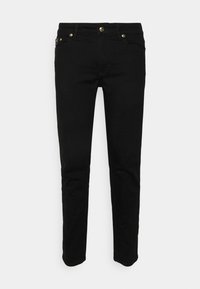 Svarta bomullsdenimbyxor med en åtsittande design, som har detaljer med knappar i guldfärg och standard femficksstil.