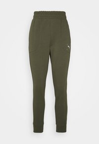 Olivgrüne Jogginghose aus weichem Stoff, mit einem elastischen Bund, Seitentaschen und einem kleinen weißen Puma-Logo auf dem Oberschenkel.