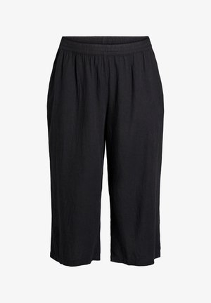 Mustad mustad capri püksid elastse vööümbrisega, mis on valmistatud kergetest, tekstuursetest materjalidest. Omab lõdva istuvust ja volditud disaini.