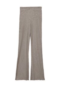 Hellbraune, gerippte, weite Hosen mit flachem Bund. Die Textur ist weich und der Stoff hat einen subtilen Stretch. Die Kanten sind ungesäumt.