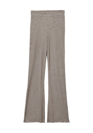 Hellbraune, gerippte, weite Hosen mit flachem Bund. Die Textur ist weich und der Stoff hat einen subtilen Stretch. Die Kanten sind ungesäumt.