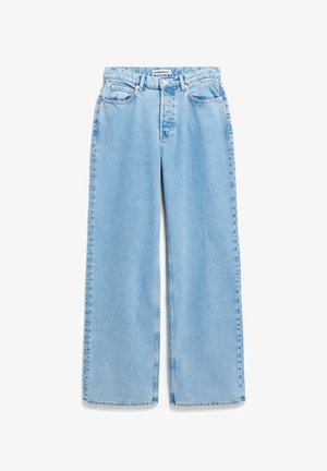 Light blue high-waisted wide-leg jeans made of denim, featuring a classic five-pocket design and a front button closure.