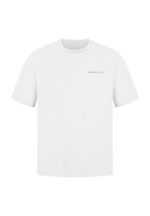 Weißes T-Shirt mit kurzen Ärmeln aus Baumwolle und Rundhalsausschnitt. Auf der Vorderseite befindet sich ein kleines "Smilodox Sport"-Logo in Hellbraun.