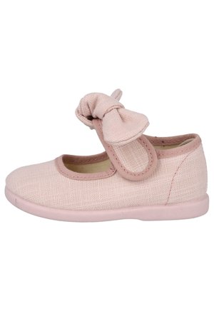 Zapato Mary Jane para niño pequeño en rosa claro con lazo de tela en la correa ajustable y suela blanda.