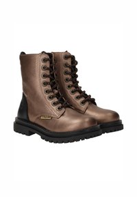 Bronzen leren enkellaarsjes met zwarte rubberen zolen, ronde neuzen, vetersluiting aan de voorkant en metalen oogjes. Bevat merknaam op de zijkant.