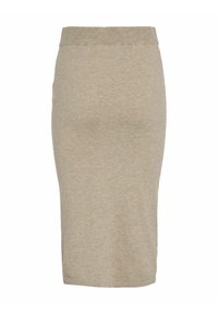 Fustă creion bej, până la genunchi, fabricată dintr-un material moale și elastic; are un talie netedă și o siluetă ajustată.