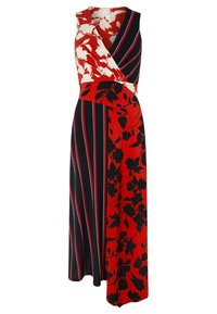 Sukienka bez rękawów zawiązywana w talii, z czerwoną i białą kwiatową wzorem z jednej strony oraz czarnymi i czerwonymi pionowymi paskami z drugiej.