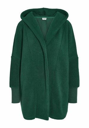 Grøn fleece cardigan med hætte, oversized pasform, struktureret overflade og lange ærmer med kontrasterende manchetdetaljer.