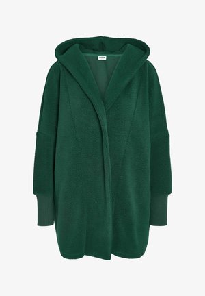 Cardigan in pile verde con cappuccio, vestibilità oversize, superficie texturizzata e maniche lunghe con dettagli a contrasto sui polsini.