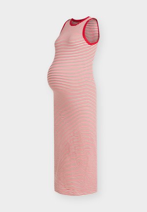 Varrukateta, pahkluuni ulatuv raseduskleit, millel on punased ja valged horisontaalsed triibud ning kaeluse ja käiste ümber punane ääris.