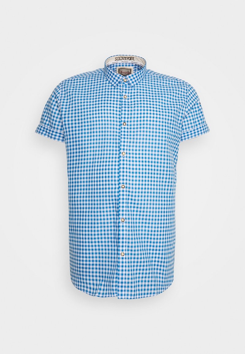 Chemise à manches courtes à carreaux bleus et blancs avec col boutonné, sur fond blanc.