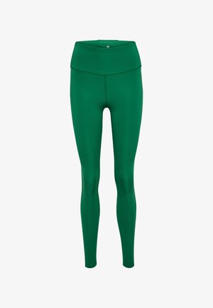 Grüne Leggings aus glattem, dehnbarem Material. Hoher Bund mit einer dezenten Naht. Figurbetontes Design, das die Beinform betont.